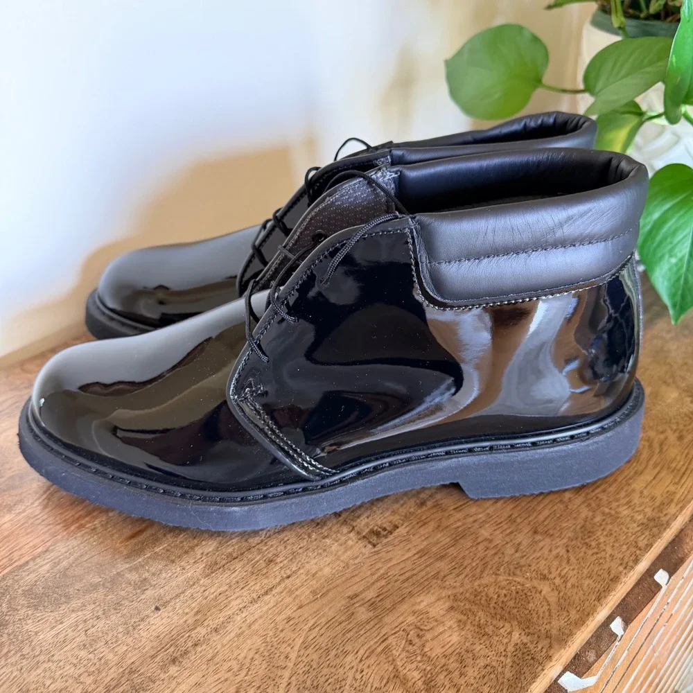 Bates High Gloss Chukka Boots Mens 10.5D Black Patent Uniform Duty Shoes Lace Up